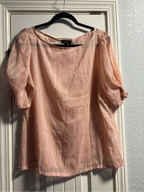 DKNY Women's Pink Stripe Short-Sleeve Blouse Large